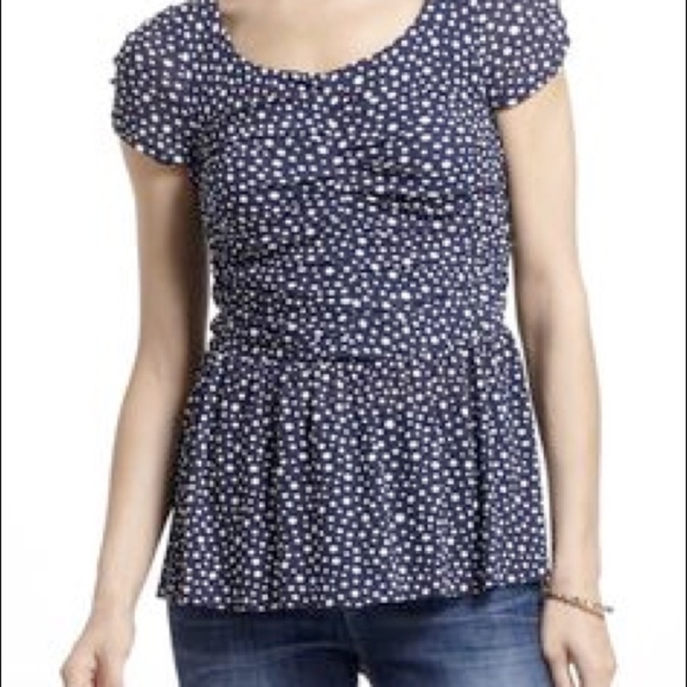 Anthropologie Gathered Mesh Peplum Tee, Navy Dot